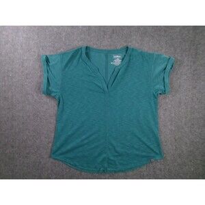 LL Bean Shirt Womens L Petite Teal Short Sleeve Notch V Neck Streamside Tees